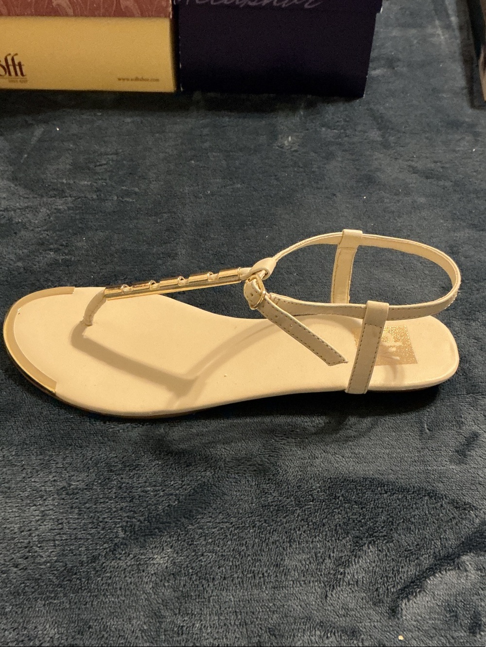 Dolce Vita Cream T-Strap Sandals with Gold Chain Detail